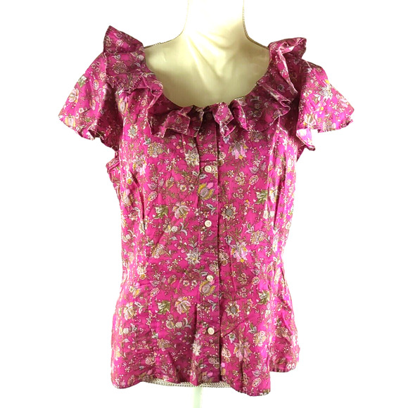 Chaps Women's Shirt Size 14 Dark Pink Flowers Ruffles Boho Hippy Fun - Picture 6 of 6